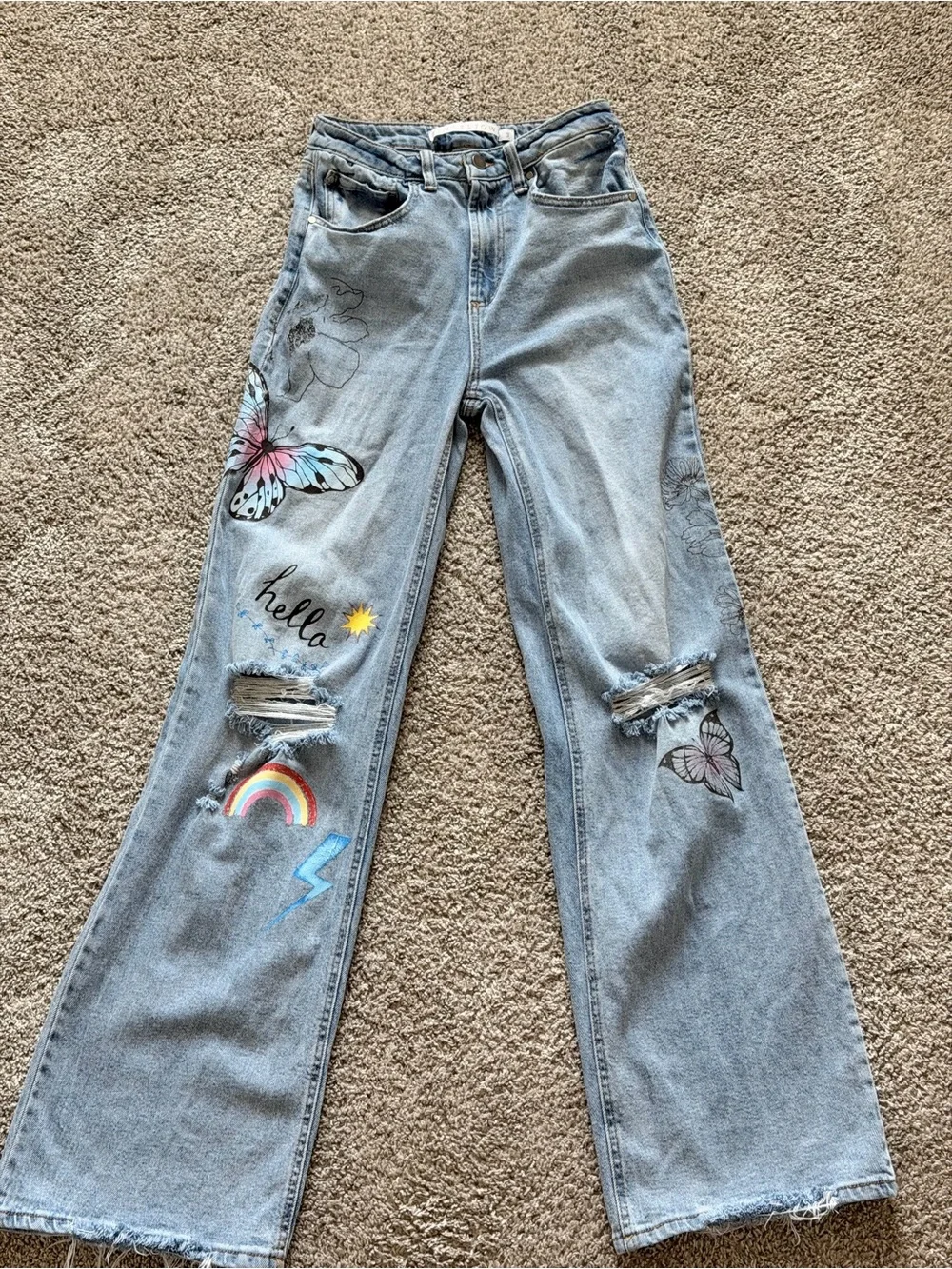 Light Wash Wide-Leg Jeans with Butterfly & Rainbow Prints